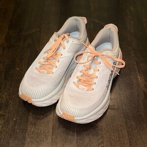 Hoka One One White and Peach Athletic Shoes